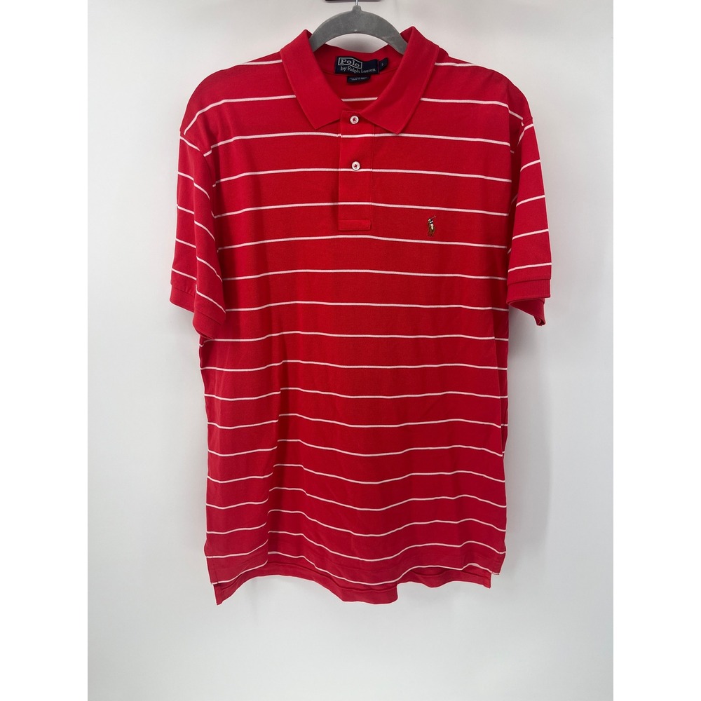 Polo Ralph Lauren Mens Large Red White Striped Pima Cotton Short Sleeve Polo